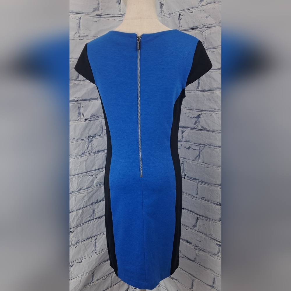 Michael Kors Cap Sleeve V-Neck Sheath Dress Midi Black and Blue Poly Rayon 2 US - Picture 9 of 16